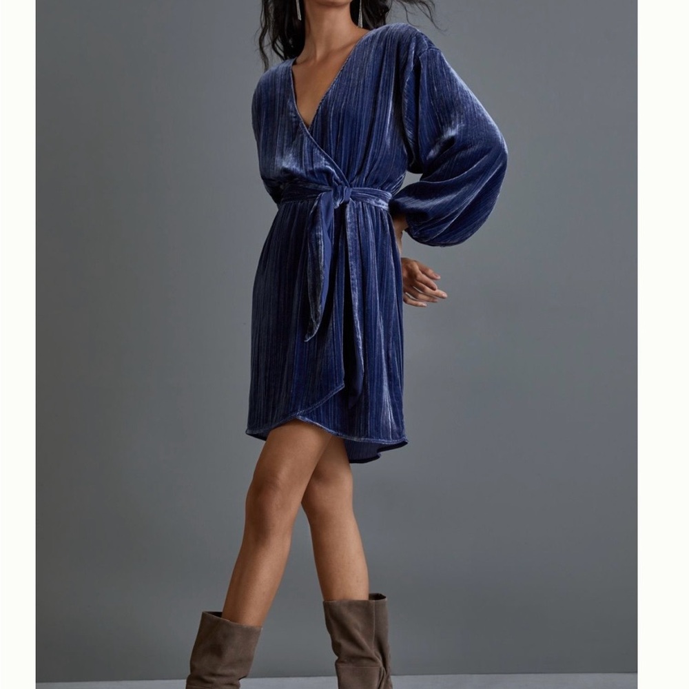 Anthropologie Sofia Blue Velvet Faux Wrap Dress NWT Size Small